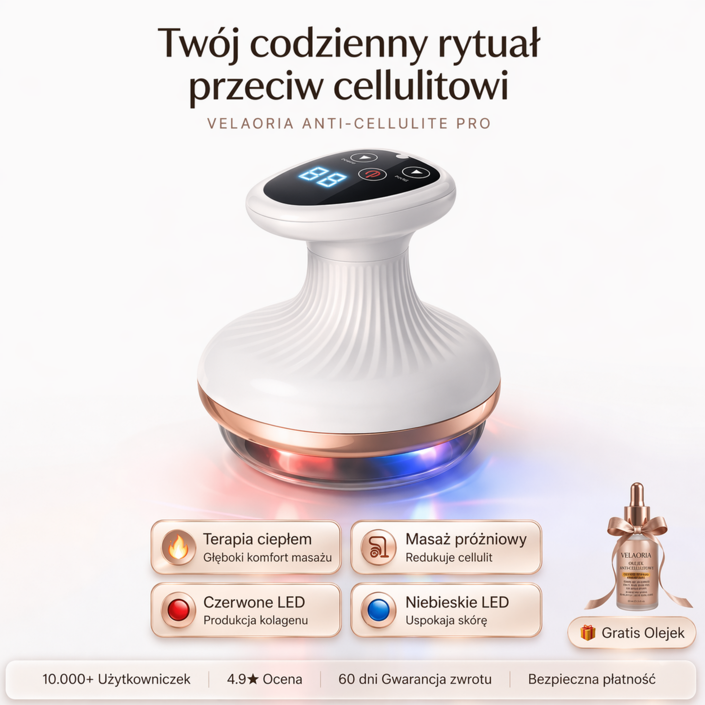 Velaoria Pro™ Masażer Antycellulitowy – Vacuum + LED + Ciepło