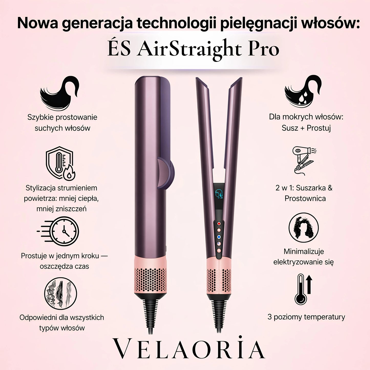 Velaoria ÉS AirStraight Pro – Suszarko-Prostownica 2w1 z Przepływem Powietrza